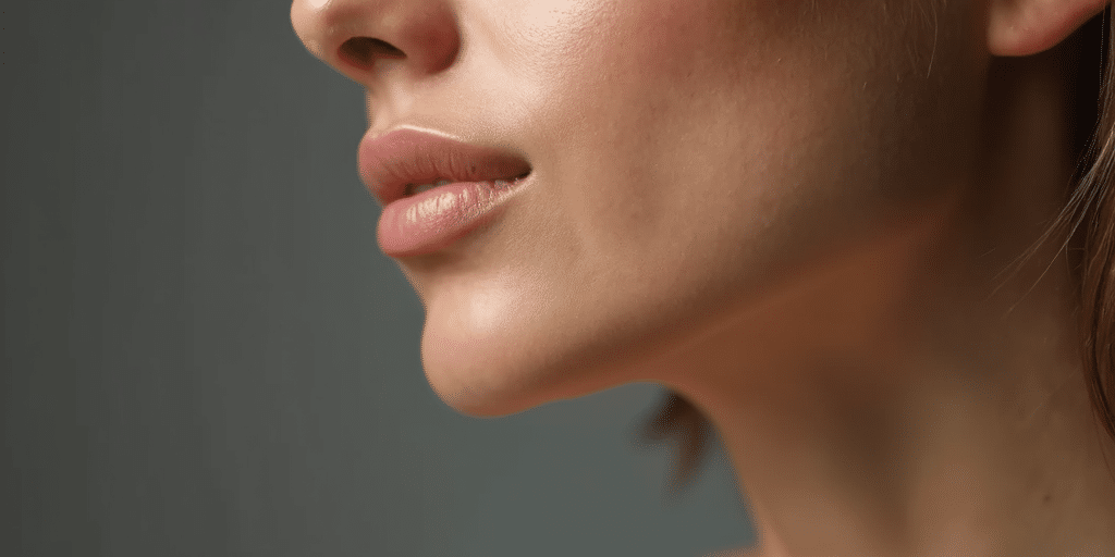 Close-up of a woman's chin and jawline, highlighting smooth, youthful skin — ideal for showcasing the effects of a non-surgical thread lift procedure.
