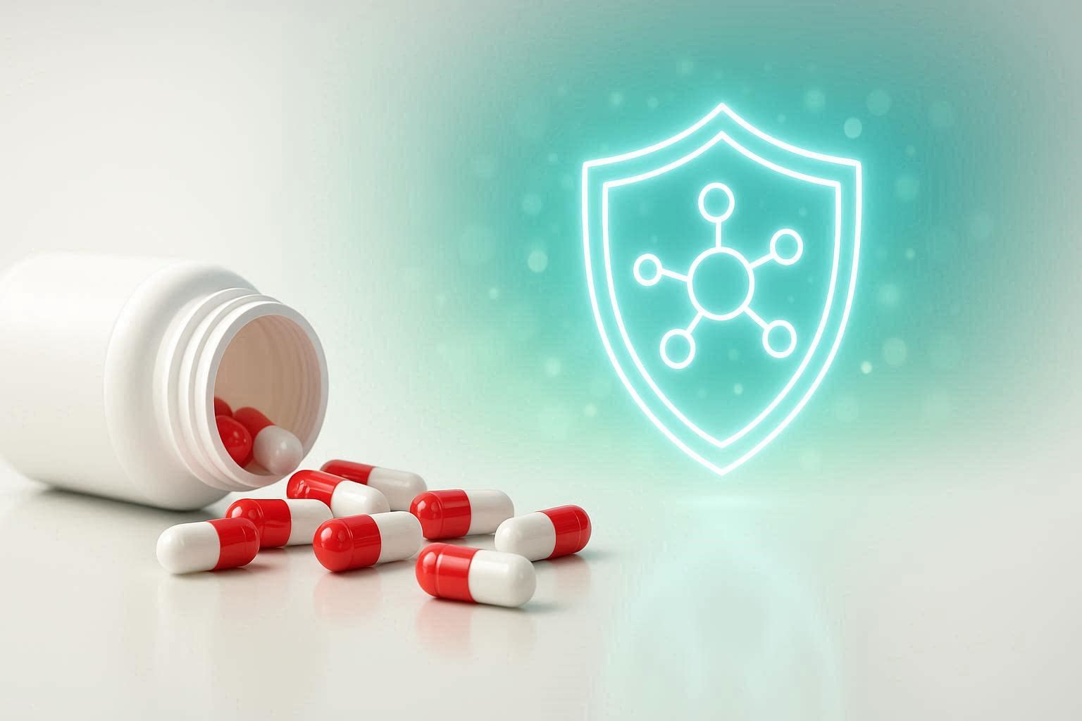 Tylenol pills spilling with abstract glutathione shield