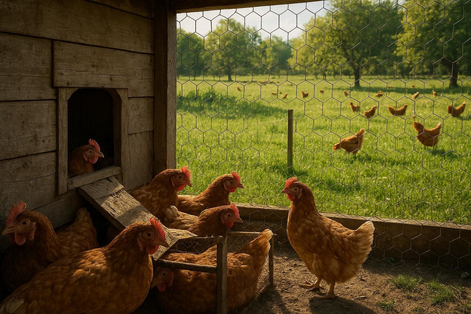 Free-range chickens outdoors on pasture
