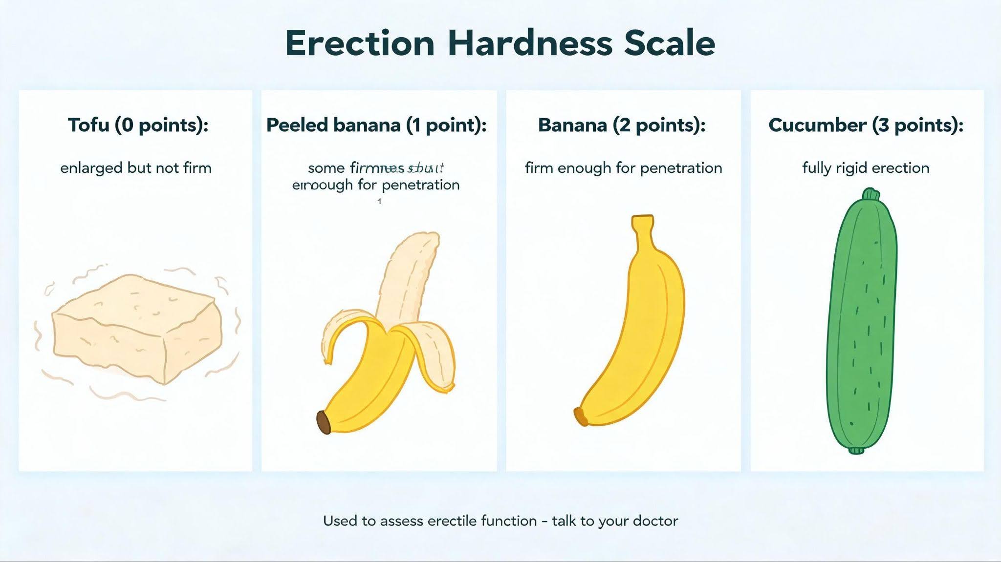 Erection Hardness Scale illustration: Tofu, Peeled banana, Banana, and Cucumber stages used to assess erectile function